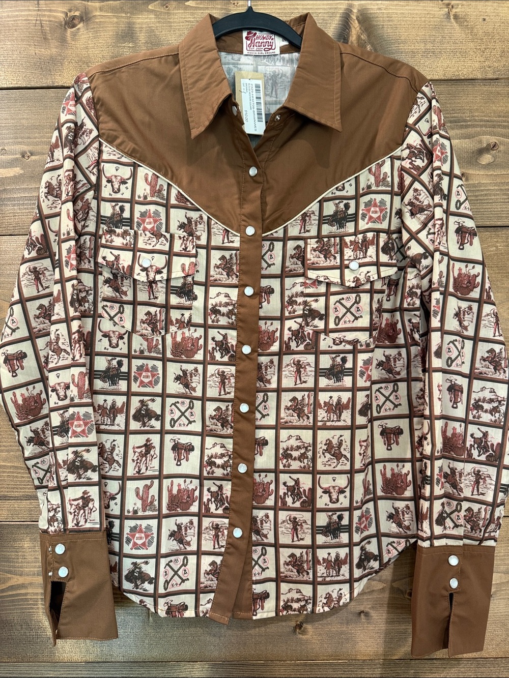 Howdy Hanny Western Print Snap-Front Shirt - Brown & Cream